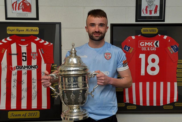 Derry City fan Conor Grimes pictured with the FAI Cup at the Ryan McBride Brandywell Stadium on Thursday evening last.