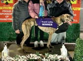 Faypoint Amy who won the sixth race in 27.82 with (from left) Kealan O’Kane, Orla Wray & Kevin O’Kane
