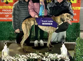 Faypoint Amy who won the sixth race in 27.82 with (from left) Kealan O’Kane, Orla Wray & Kevin O’Kane
