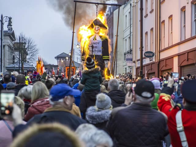 The effigy is set alight at a previous Lundy’s Day parade in Derry. DER4818GS054