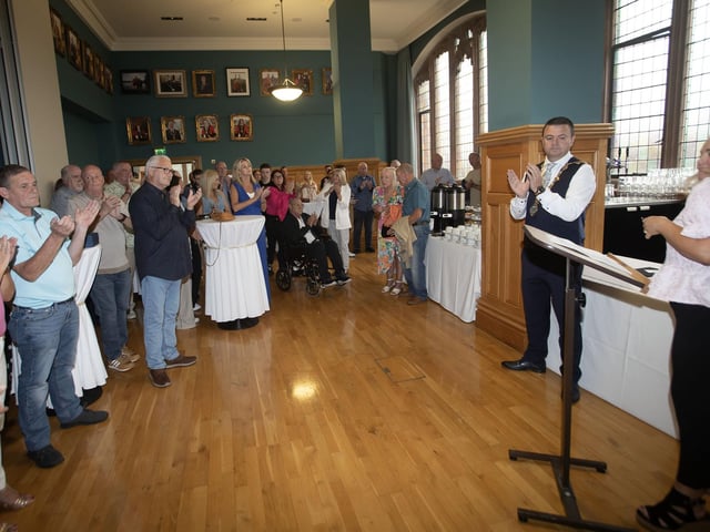 Councillor Sandra Duffy gets a round of applause after speaking at Friday evening's mayoral reception for the committee of the Eamonn 'Bronco' Bradley Football Tournament in recognition of their 40th anniversary celebrations.