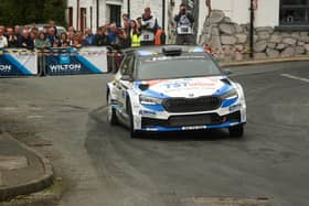 Last year's winners Callum Devine & Noel O'Sullivan power through Glenn Village (KG Rally Pics).