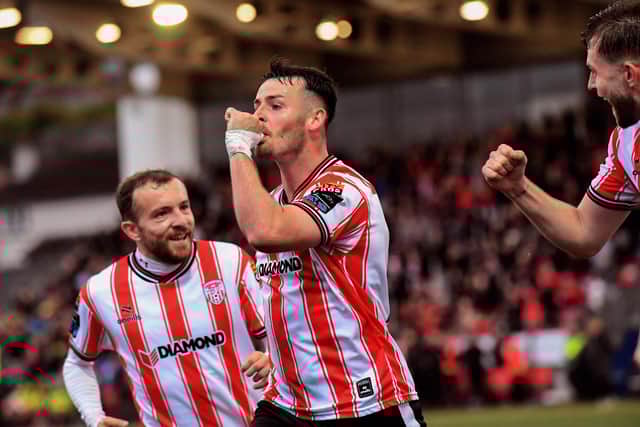 Derry City's Danny Mullen and Paul McMullan has cause for double celebration against Shelbourne.  Photograph: George Sweeney