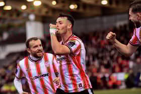 Derry City's Danny Mullen and Paul McMullan has cause for double celebration against Shelbourne.  Photograph: George Sweeney
