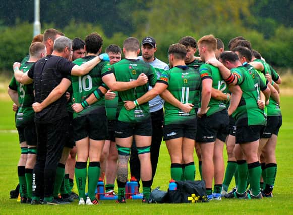 City of Derry Head coach Richard McCarter speaking to his players. Photo: George Sweeney. DER2234GS –