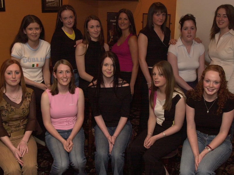 Contenders for the festival queen crown at the 36th Clonmany Festival. Included, front from left, Shauna Doherty, McCauley's Bar, Fiona Harkin, The Square Bar, Leona Kenny, Ballyliffin Golf Club, Sandra Diver, Doherty's Butchers, and Sara Doherty, The Rusty Nail. Standing, from left, Anne Michelle Gibbons, Inishowen Car Dismantalers, Noleen Doherty, Wooblies Bar, Joan Grant, Amanda's Tots and Cots, Jenni Lee White, McFeely's Bar, Fiona Devlin, Creative Sewing, Mary Doherty, McDonald's Bar, and Clare Gilmore, McLaughlin Homes. (2907PG04)                               :Derry youngsters enjoying summer in August 2003