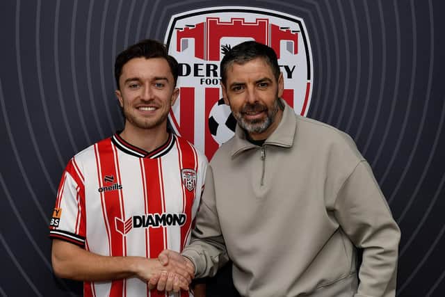 Derry City new signing Darragh Markey pictured with manager Tiernan Lynch at the Brandywell Stadium on Friday morning. Photograph: George Sweeney