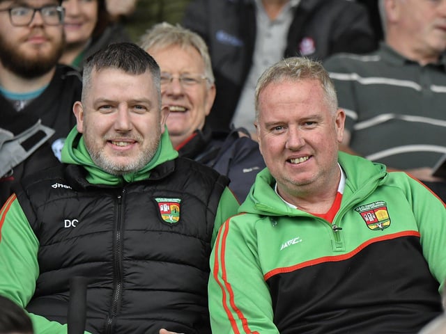 Fans in Celtic Park, on Sunday afternoon, for the Derry Junior Football Championship Final between Doire Trasna and Slaughtmanus. Photo: George Sweeney