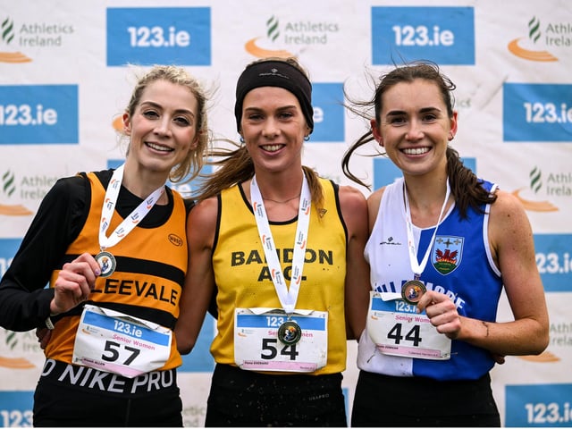 The senior women's podium, from left, second place Niamh Allen of Leevale AC, Cork, race winner Fiona Everard of Bandon AC, Cork, and Danielle Donegan of Tullamore Harriers AC, Offaly, during the 123.ie National Cross Country Championships at Templemore Sports Complex in Derry. Photo by Ramsey Cardy/Sportsfile
