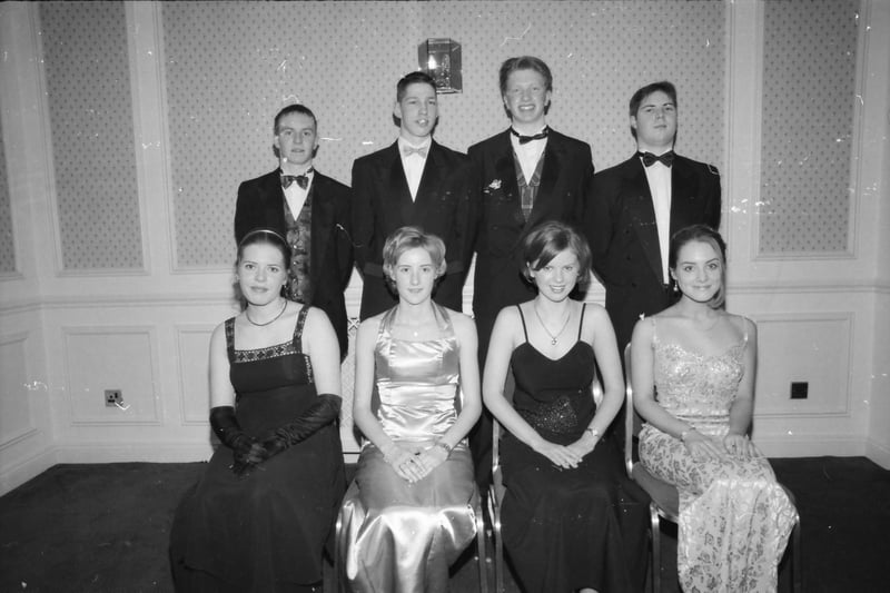Seated, from left, Lesley McCorkell, Jane Christie, Lorna Smith, Clare Rankin, Orla Moore and Tara Jain. Standing, from left, Chris McShane, Martin Clarke, John Milligan, Craig McClure, Brian Parke and Calum Wray. Pictured at the Foyle College formal in January 1998.