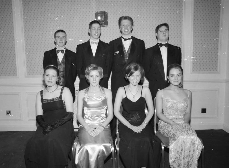 Seated, from left, Lesley McCorkell, Jane Christie, Lorna Smith, Clare Rankin, Orla Moore and Tara Jain. Standing, from left, Chris McShane, Martin Clarke, John Milligan, Craig McClure, Brian Parke and Calum Wray. Pictured at the Foyle College formal in January 1998.
