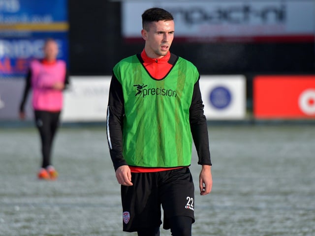 Derry City’s Jordan McEneff training at the Brandywell Stadium on Monday afternoon. Picture: George Sweeney. DER2304GS – 13