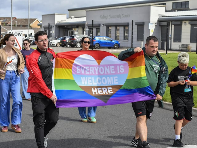 Some of the participants who took part in the Stride for Pride walk, in Galliagh on Saturday afternoon, celebrating unity, equality and inclusion. Photo: George Sweeney