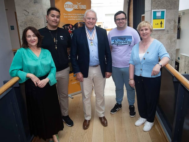 Lord Lieutenant Ian Crowe and Dee Conaghan, Artistic Director of Stage Beyond Theatre Company pictured with from left, Kieran Duffy (volunteer), Thomas Burnett (support worker) and Karen Burnett (carer)