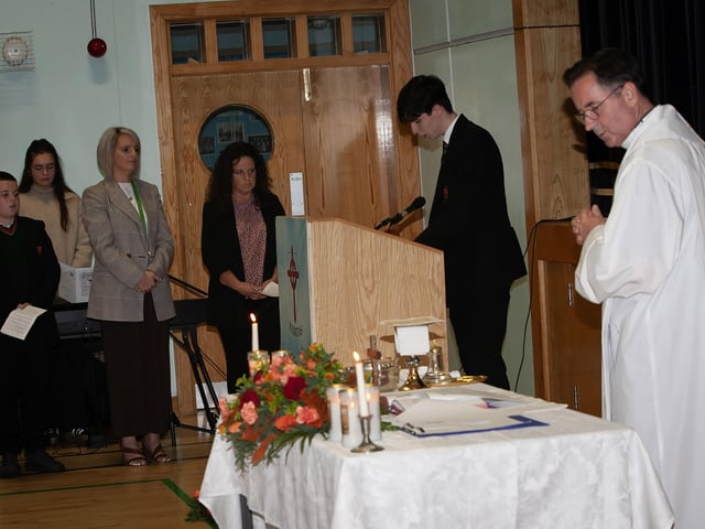 Reading the Prayers of the Faithful were Adrian (Year 8), Mrs. McCay, (Year 8 Form Teacher), Mrs. Curran (parent) and Charlie (Year 13) during Thursday's Mass.