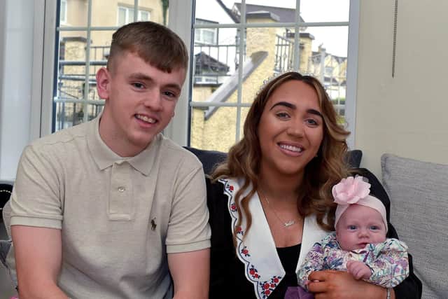 Ciaron Harkin pictured with his partner Demi Gallagher and their daughter Indie Gallagher Harkin. Photos: George Sweeney. DER2105GS – 012