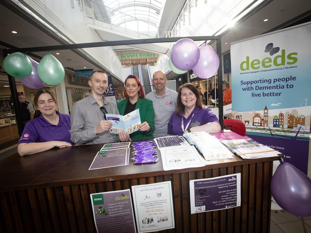 Pictured at Foyleside during Friday's One Stop Shop for Demential Information Day is Eilish Brown, Old Library Trust, Barry McCabe and Karen O'Kane, Care Project, George McGowan, Project Director, Old Library Trust and Wendy McLaughlin, DEEDS/OLT.