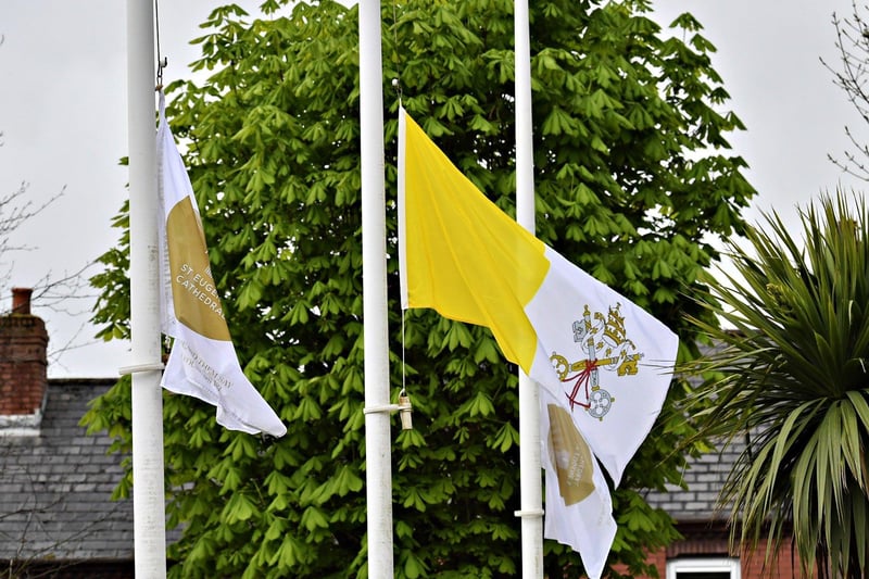 A papal flag at half-mast in the grounds of St Eugene’s Cathedral after the announcement of the death of Pope Frances early on Monday morning. Photo: George Sweeney