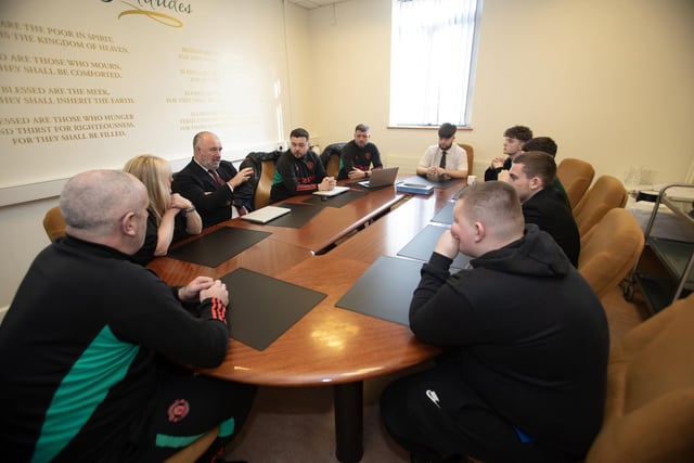 Manchester United Foundation CEO John Shiels and his staff meeting with Year 14 students at St. Joseph's on Thursday. Included is Mrs. Ciara Deane, Principal.