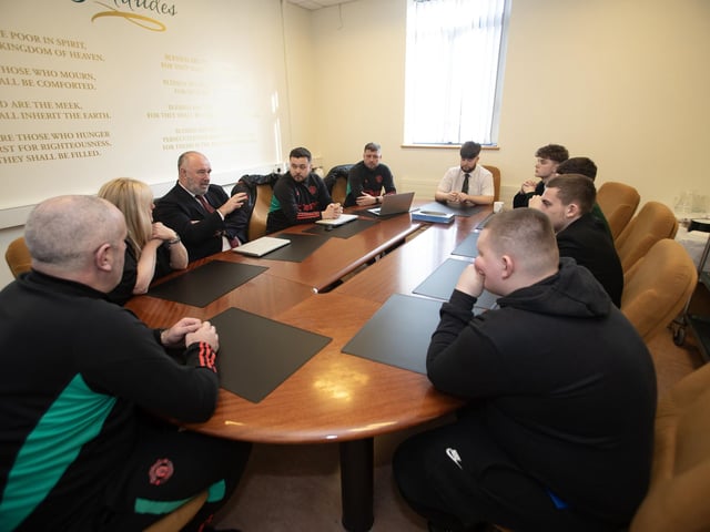 Manchester United Foundation CEO John Shiels and his staff meeting with Year 14 students at St. Joseph's on Thursday. Included is Mrs. Ciara Deane, Principal.
