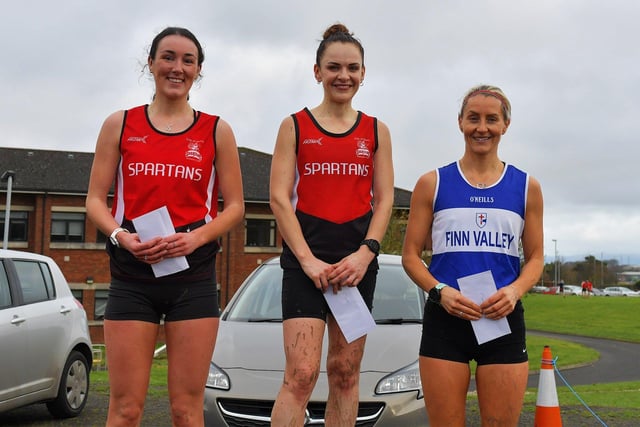 City of Derry Spartans’ Judith Storm was the winner of the Derry Cross Country 6k Women’s Open race at Thornhill College. Fellow Spartan Amy Jackson (left) gained second place, and Leoni Cooke, Finn Valley AC, was placed third.  Photo: George Sweeney