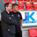 Derry City manager Ruaidhri Higgins alongside Declan Devine, manager of Bohemian, at the Brandywell on Friday evening. Photo: George Sweeney. DER2322GS – 145