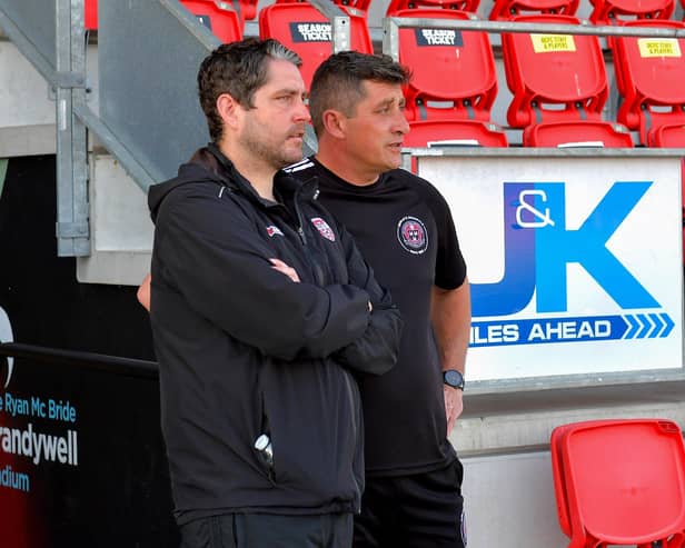 Derry City manager Ruaidhri Higgins alongside Declan Devine, manager of Bohemian, at the Brandywell on Friday evening. Photo: George Sweeney. DER2322GS – 145