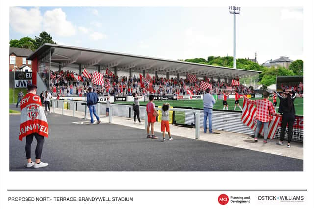 An artist's impression of the proposed new North Terrace at the Ryan McBride Brandywell Stadium.