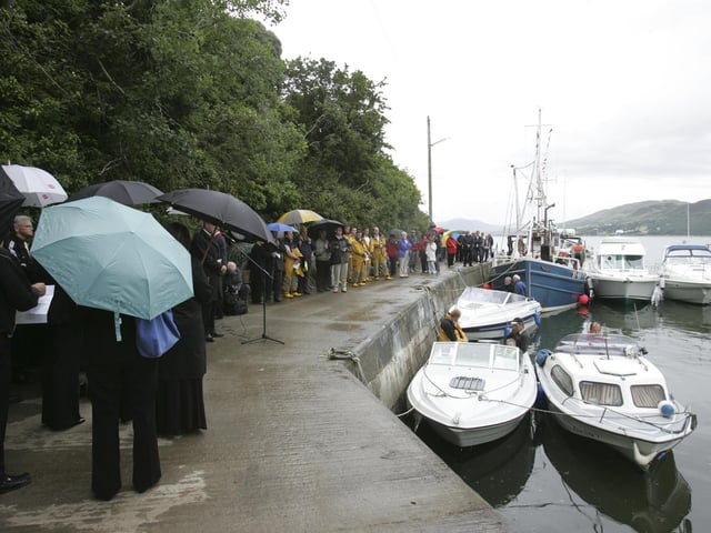 The scene at Inch on Sunday for the annual Blessing of the Fleet. (0507C02) : Blessing of the Fleet in Inch Island on July 2005.
