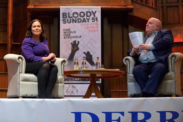 Sinn Fein President Mary Lou McDonald in conversation with Paul McFadden after she delivered the Annual Bloody Sunday Lecture in the Guildhall on Friday evening. Photo: George Sweeney. DER2305GS – 132