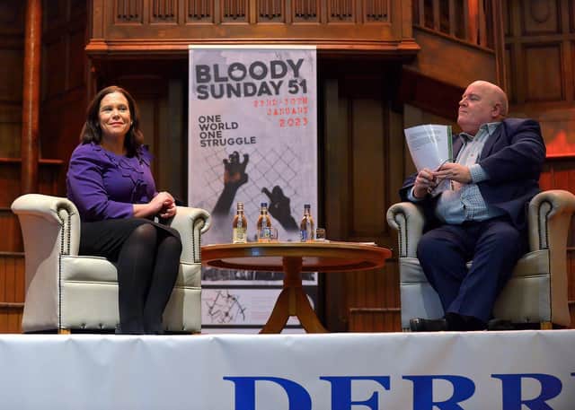 Sinn Fein President Mary Lou McDonald in conversation with Paul McFadden after she delivered the Annual Bloody Sunday Lecture in the Guildhall on Friday evening. Photo: George Sweeney. DER2305GS – 132