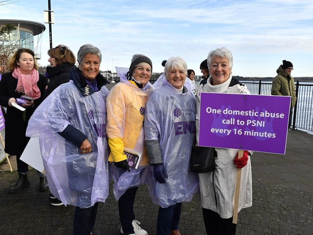 Proponents who participated in the Foyle Women’s Aid walk, from Sainsbury’s to the Guildhall on Sunday afternoon, supporting the United Nations Women’s Campaign to eliminate gender – based violence worldwide. Photo: George Sweeney