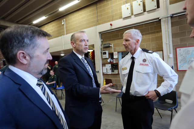 Northern Ireland Secretary Chris Heaton-Harris MP, along with Health Minister Robin Swann MLA, meeting with emergency service personnel in Derry.