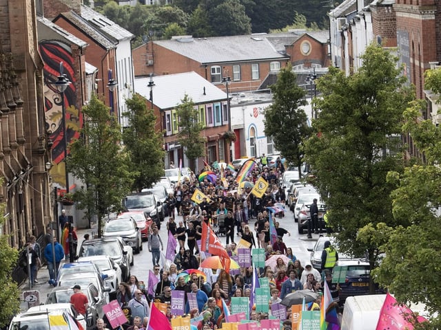 The Foyle Pride Parade making its way up Carlisle Road on Saturday. (Photos: Jim McCafferty Photography)