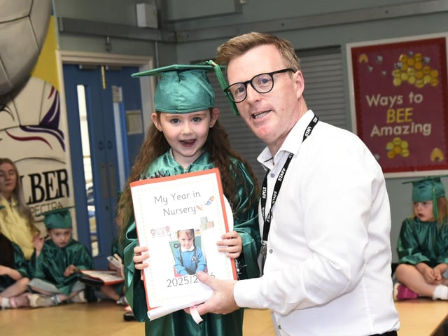 Khloe with Glendermott Primary and Nursery School Principal Conor Duddy : Glendermott Graduation Day.