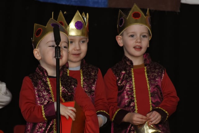 Three 'Very Wise' Men get ready to go on stage at the Steelstown PS Nursery Nativity.