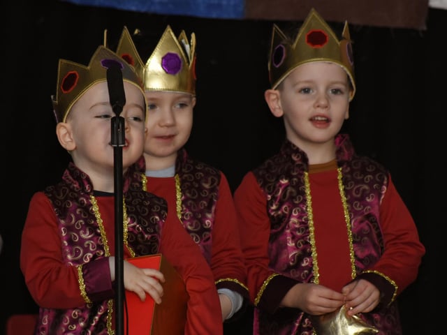 Three 'Very Wise' Men get ready to go on stage at the Steelstown PS Nursery Nativity.