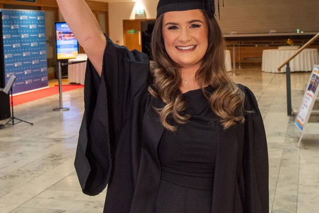 Ruth Grant celebrates at NWRC's Higher Education and Access Graduation ceremony at the Millennium Forum. (Pic Martin McKeown)