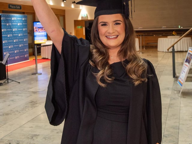 Ruth Grant celebrates at NWRC's Higher Education and Access Graduation ceremony at the Millennium Forum. (Pic Martin McKeown)