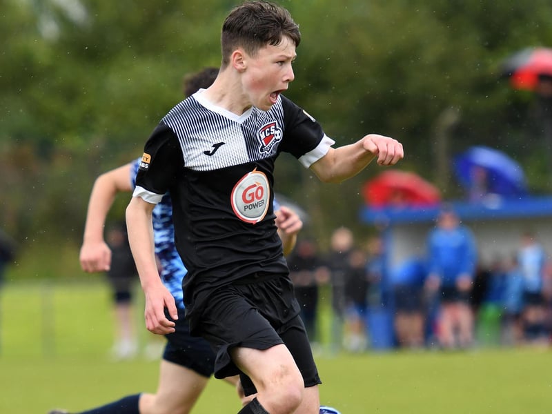 Michael McColgan powers forward for Maiden City Academy during their O'Neills Foyle Cup Under-13's final against Magherafelt Sky Blues at Wilton Park.