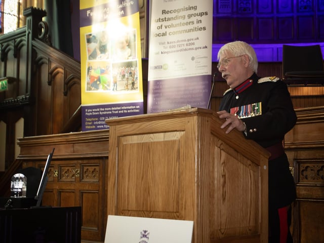 The Vice Lord Lieutenant Alan Moore, OBE, addressing the attendance at the Foyle Down Syndrome Trust's King's Award for Voluntary Service celebration.
