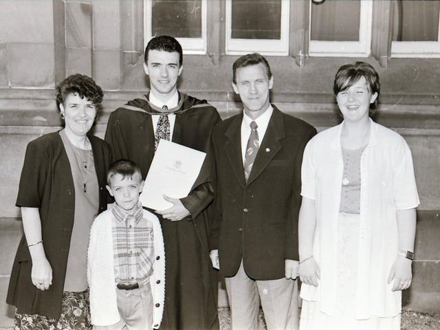 Photographs of students, professors, and proud parents during the Magee graduations in June 1995.