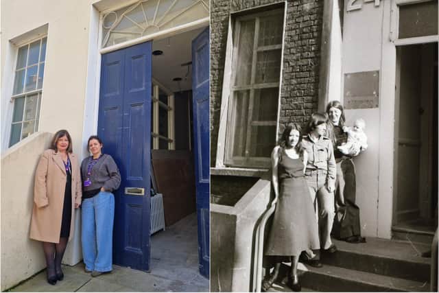 On right, Foyle Women's Aid CEO Marie Brown and support worker Marie Crossan pictured at 24 Pump Street today and, on right, Avila Kilmurray (centre) with fellow women activists during the occupation of the former hostel in October 1976.
