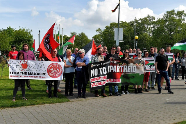Some of the people who gathered at Free Derry Wall, on Saturday afternoon, to remember ‘The Nakba’, also known as the ‘Palestinian Catastrophe’,  - the destruction of Palestinian society and homeland in 1948. Photo: George Sweeney.  DER2319GS – 27