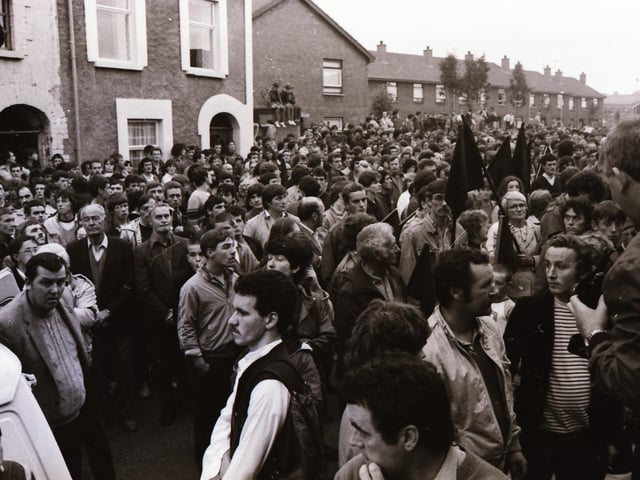 Martin McGuinness addresses a march and protest in Rosemount following the killing of Sean Downes.