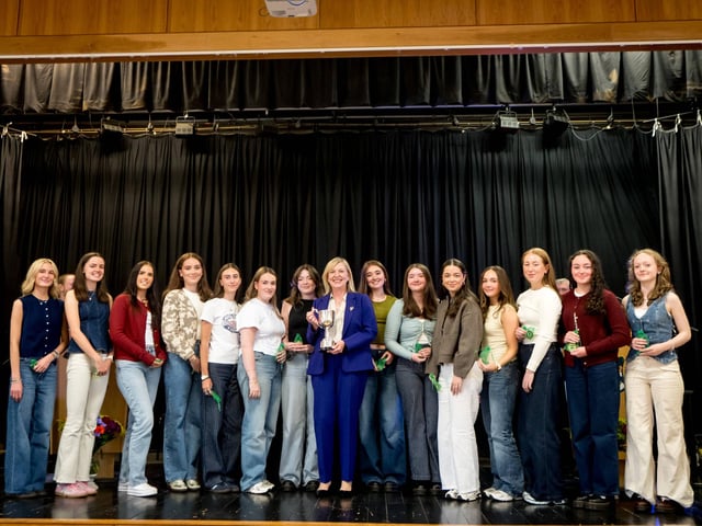 Year 14 RE Ambassadors. Beth Tinney, Hannah Wade, Ella Wade, Ella McGeady, Kiera McAleer, Ellie Owen, Hannah Molloy, Prof. Cathy Harrison, Caitlin McCusker, Sara Lindsay, Ellie Halpin, Aimee Grace Doherty, Fineen Doherty, Caoimhe O’Kane, Bethany Kelly