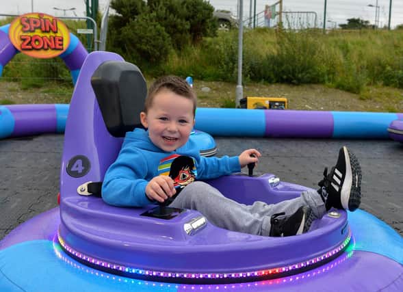 Spooky Halloween funfair in Ebrington with all your favourite attractions for all the family, enjoy panoramic views of the city from the Big wheel and get into the Halloween spirit on the ghost train. Cut price evening, all rides reduced in price 26th October. Pictured: Jacob Campbell, aged 4, having a great time in the Spin Zone at Cullen’s Amusements, in Ebrington.  Photo: George Sweeney DER2038GS – 033
