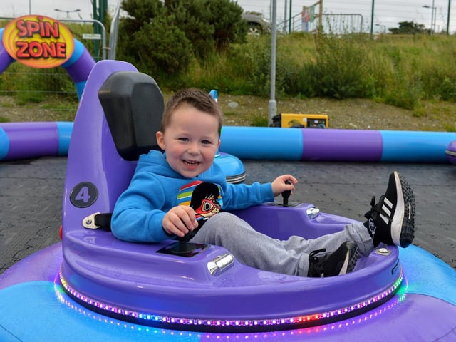 Spooky Halloween funfair in Ebrington with all your favourite attractions for all the family, enjoy panoramic views of the city from the Big wheel and get into the Halloween spirit on the ghost train. Cut price evening, all rides reduced in price 26th October. Pictured: Jacob Campbell, aged 4, having a great time in the Spin Zone at Cullen’s Amusements, in Ebrington. Photo: George Sweeney DER2038GS – 033