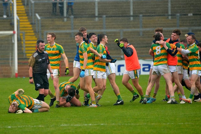 Glenullin players celebrate the victory over Drumsurn in the IFC final in Celtic Park on Sunday afternoon last.  Photo: George Sweeney.  DER2243GS – 024 