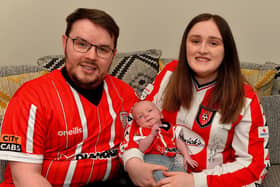 Local couple Shaun McGrath and Caoimhe McCallion have named their 10 weeks old baby boy Jamie Mark McCallion after Derry City striker Jamie McGonigle. Photo: George Sweeney. DER2307GS – 49